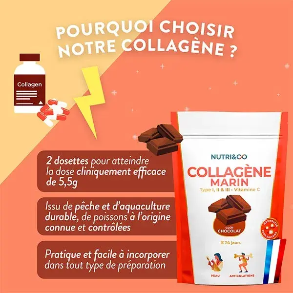Nutri&Co Colágeno Marinho Tipo 1, 2 e 3 para Pele e Articulações Sabor Cacau 240g