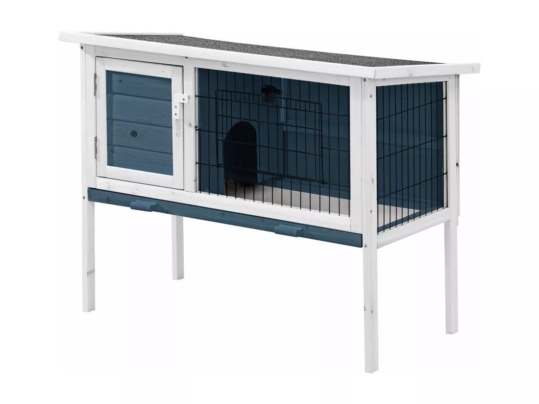 Clapier en bois sur pieds pour lapins et rongeurs - L. 91 x P. 45 x H. 70 cm - Bleu et Blanc - LAPIUS