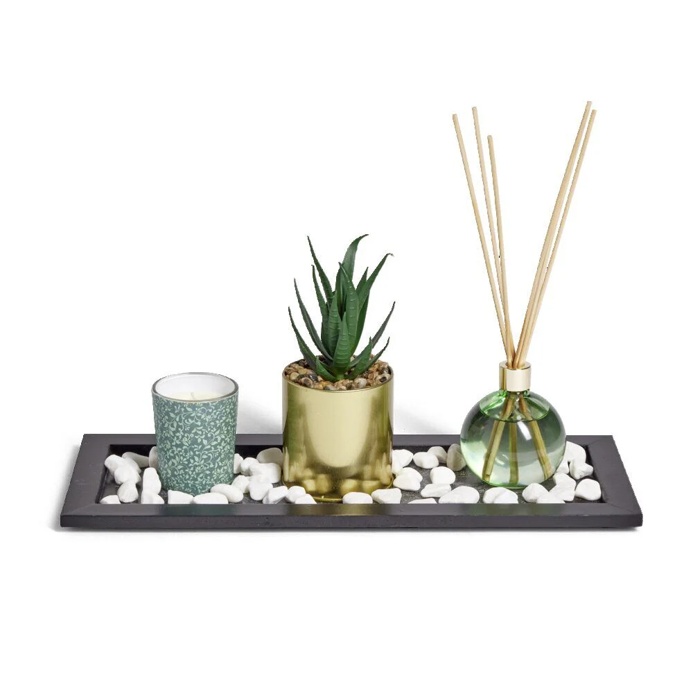 Coffret senteur bougie/plateau/diffuseur/plante artificielle