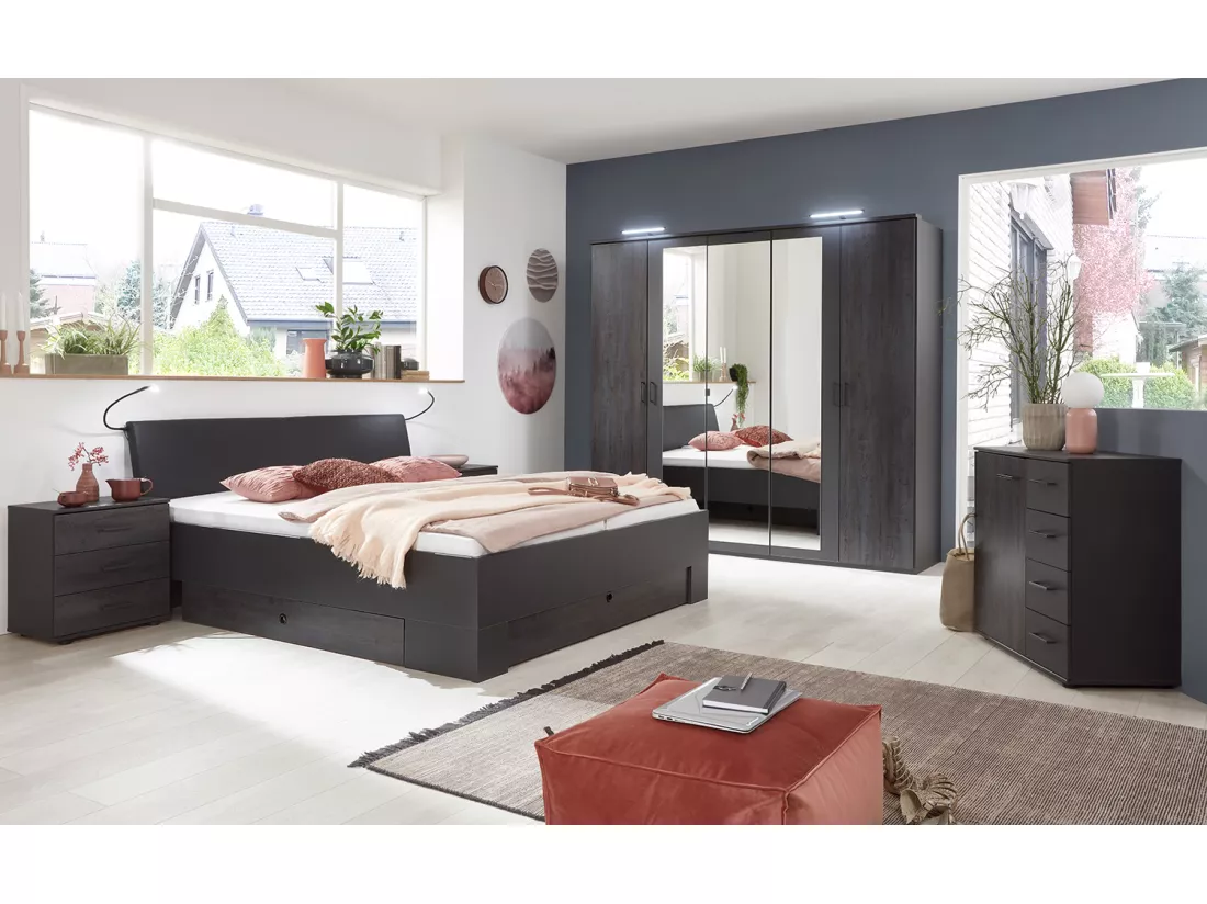 Chambre à coucher complète adulte (lit 160x200 cm Queen Size + 2 chevets + armoire + commode)