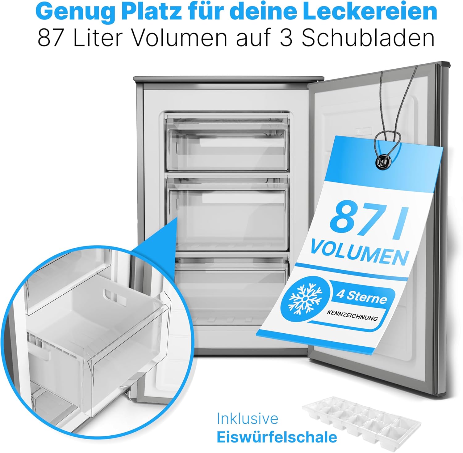 Bomann® Gefrierschrank | 87 L | energieeffizient, leise & klein | ≤ -18 °C, stufenlos regelbar | 3 Schubladen & Eiswürfelschale | 4-Sterne-Gefrierfach, Türanschlag wechselbar | GS 7253 inox