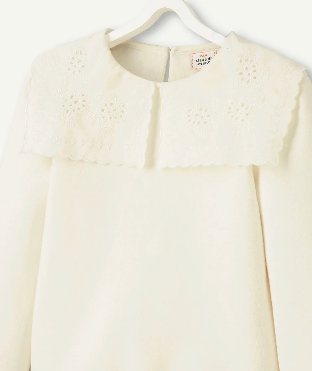 SWEAT FILLE EN FIBRES RECYCLÉES ÉCRU AVEC MAXI COL BRODÉ