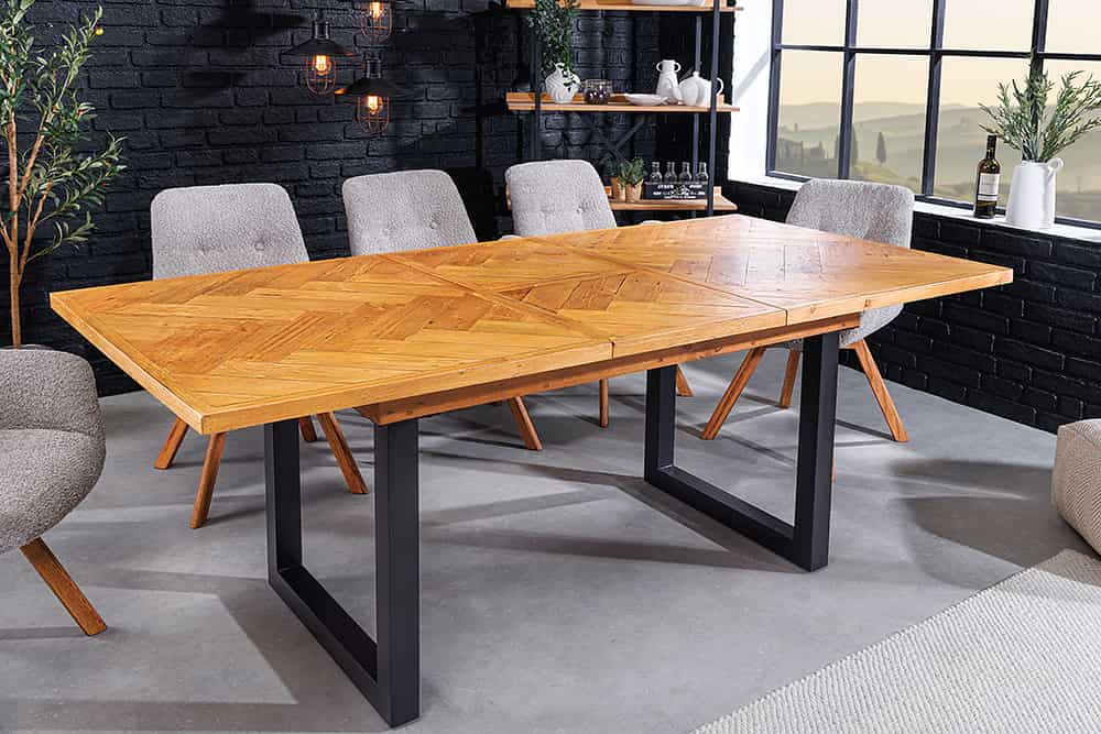 Ausziehbarer Esstisch MOSAIK 160-200cm braun Pinie recyceltes Massivholz Metall schwarz