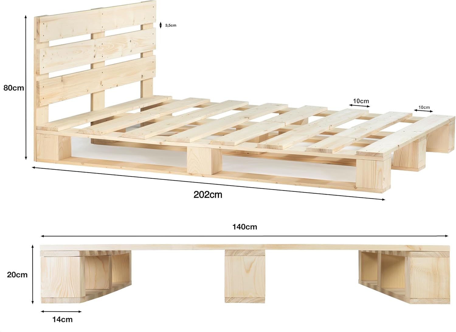 Palettenbett M1 aus Holz 140 x 200 cm Natur mit Kopfteil Holzbett 20cm Stabiles Seniorenbett Kinderbett Jugendbett Gästebett erhöhtes Einzelbett Bettgestell Futonbett Komforthöhe Naturholz