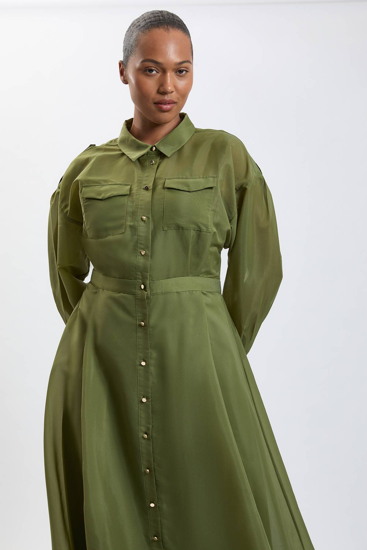 KarenMillen Robe Chemise Midi Grande Taille En Organdi Avec Détails Contrastés