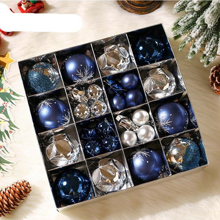 (44er Set) Christbaum Schmuck Glitzer Weihnachtskugeln Tannenbaum Aufhänger Home Deko - Blau / Silber