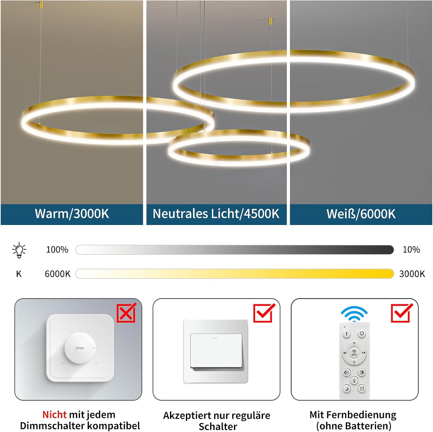 Mikeru Led Pendelleuchte, Gold Wohnzimmerlampe ø40+60+80cm Verstellbare Runde Pendellampe, 85w 3-Ring Kreisförmige Led Hängelampe Mit Memory-Funktion 10%-100% Dimmbarer Kronleuchter Kücheninsel
