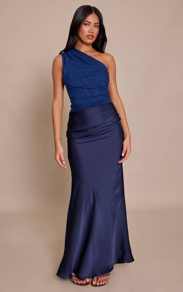 Bleu Marine Robe Maxi En Satin À Une Épaule Avec Contraste