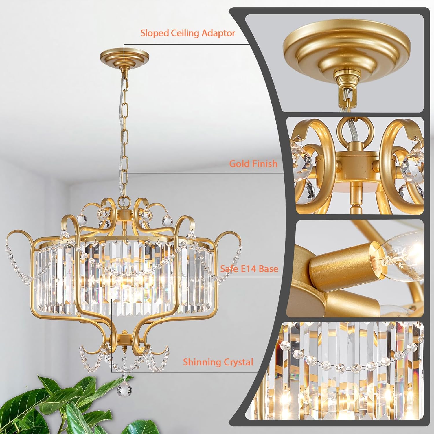 Goldene Kristall Kronleuchter, 6-Licht Moderner Rustikaler Pendelleuchte für Wohnzimmer, Schlafzimmer und Esszimmer, E14 Sockel Deckenlampe, Luxuriöse Hängeleuchte mit Rundem Schirm