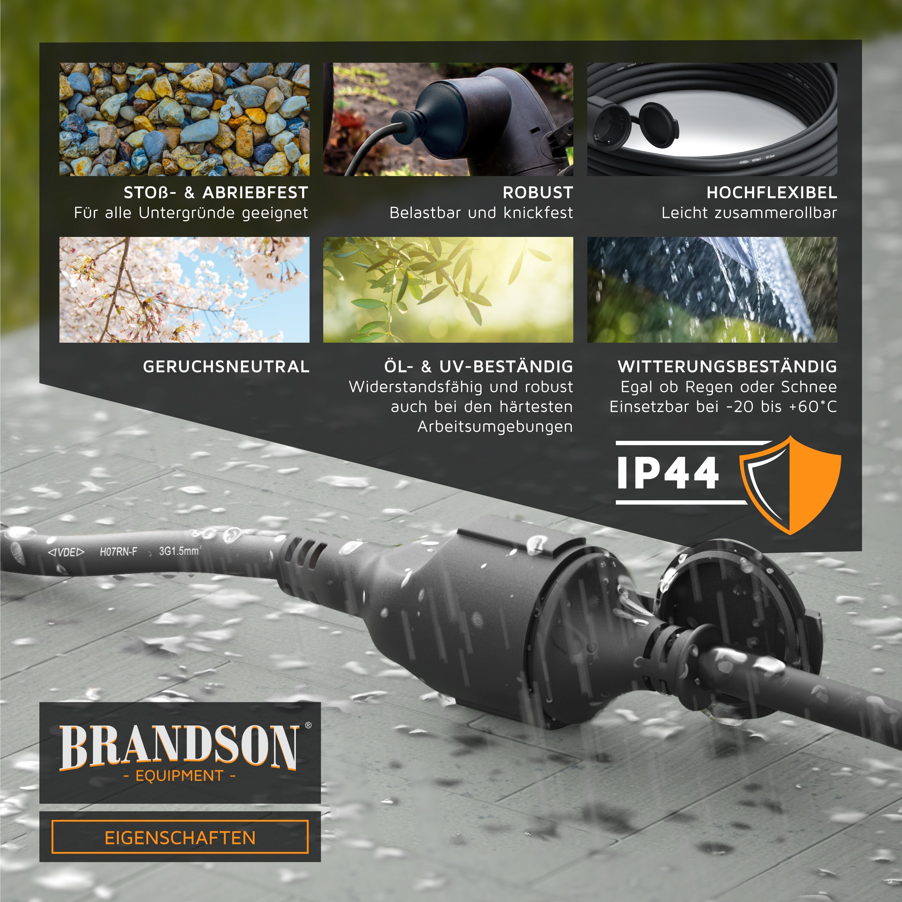 Brandson Schutzkontakt Verlängerungskabel für Outdoor 3500 W Strom Kabel für den Außenbereich / IP44 - 15m