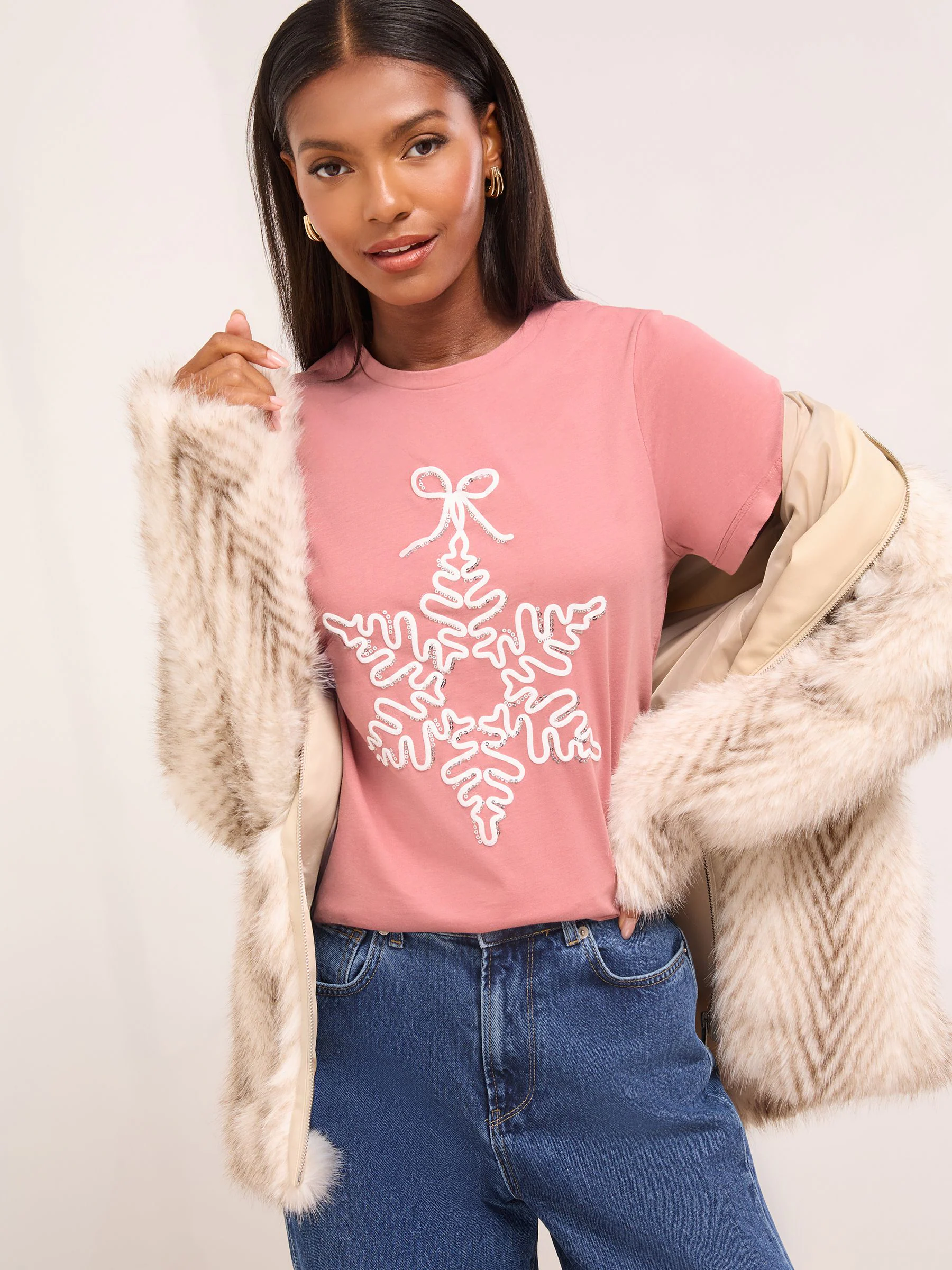 Roze met sneeuwvlokprint - Lipsy T-shirt met ronde hals