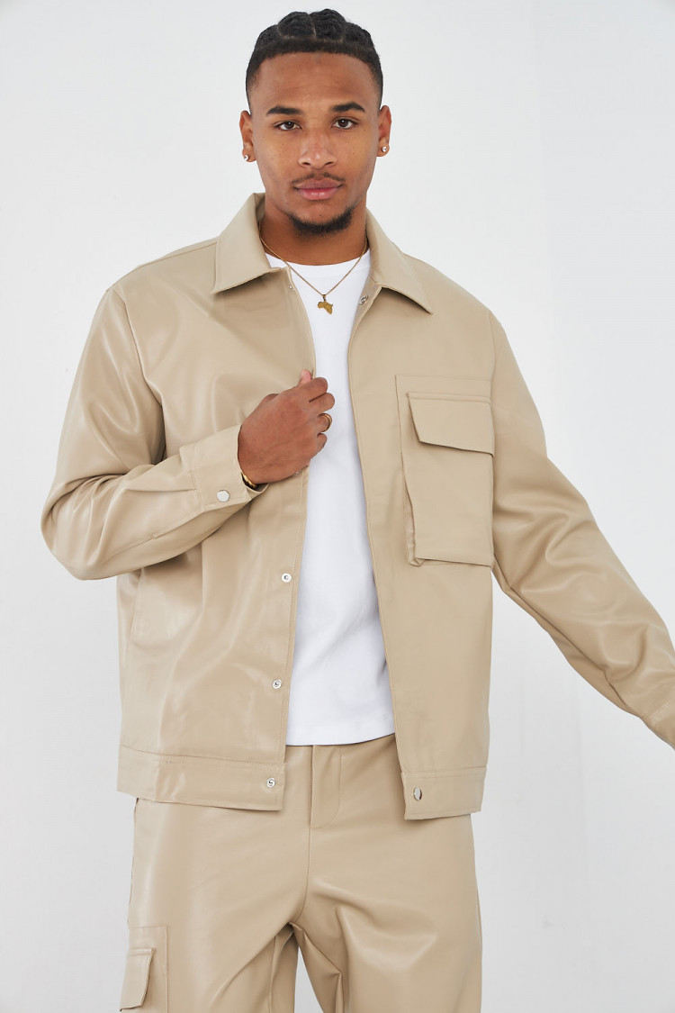 Ensemble 2 pièces veste + pantalon en simili cuir beige