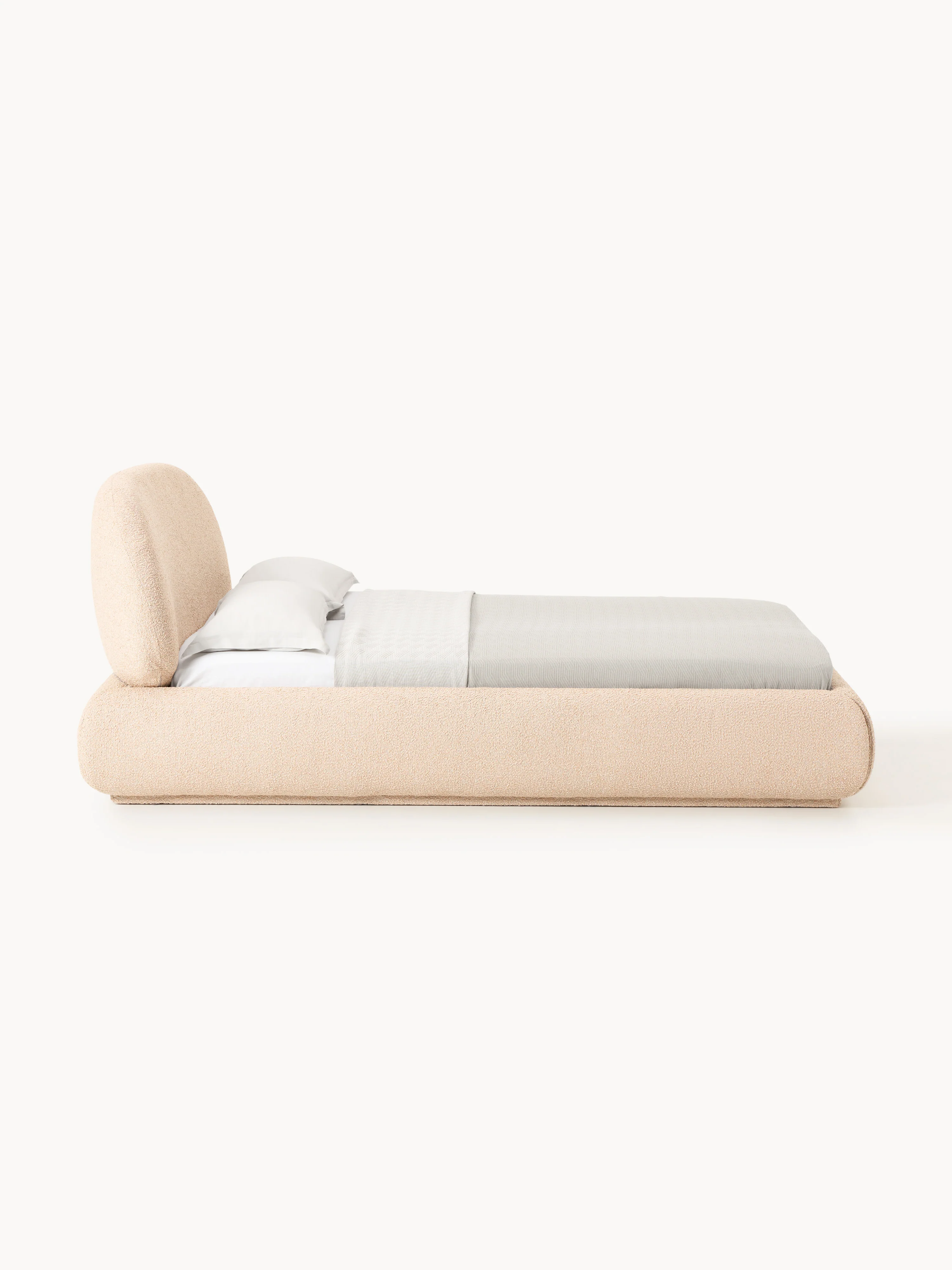 Bouclé gestoffeerd bed Alba met opbergruimte