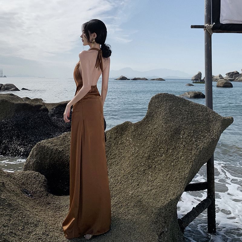 Egsy - Halter effen maxi-zonnejurk met ruches