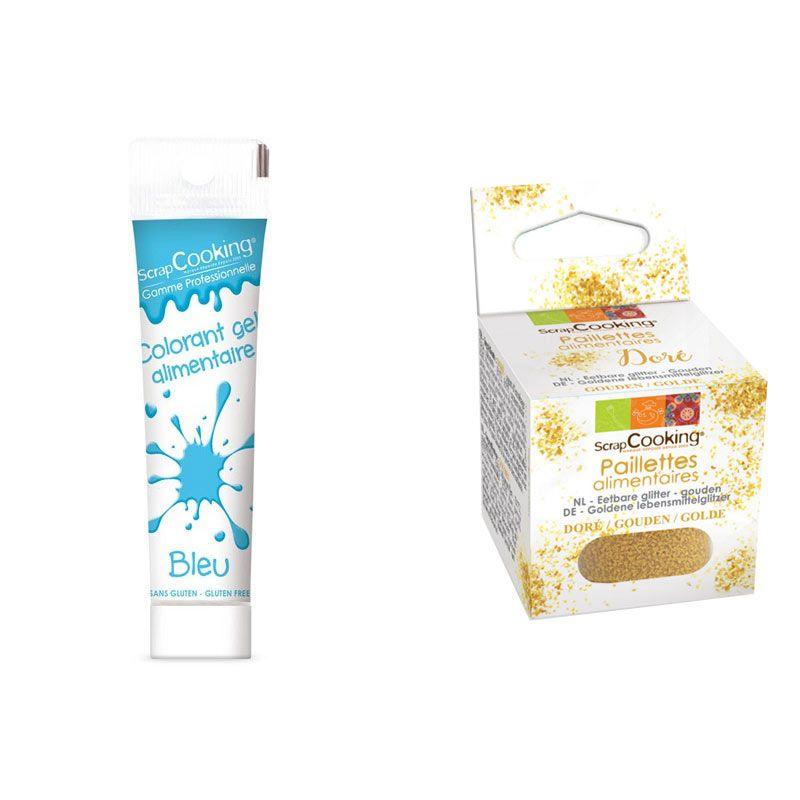 Gel colorant alimentaire bleu + paillettes dorées Scrapcooking