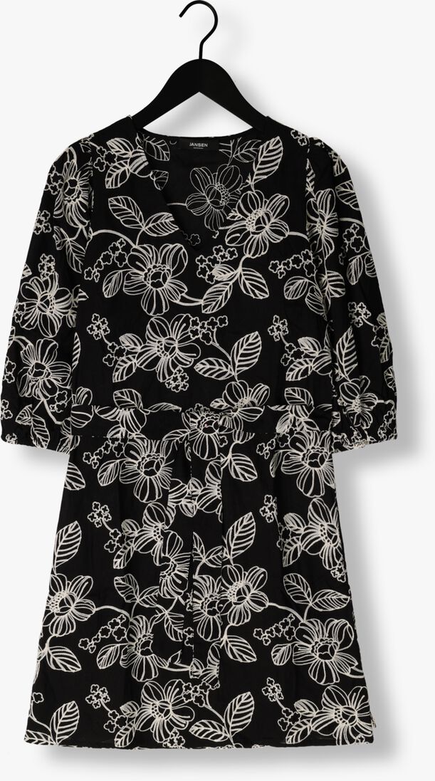 JANSEN AMSTERDAM zwarte jansen amsterdam midi jurk wge517 embroidered dress 3/4 sleeve v-neck