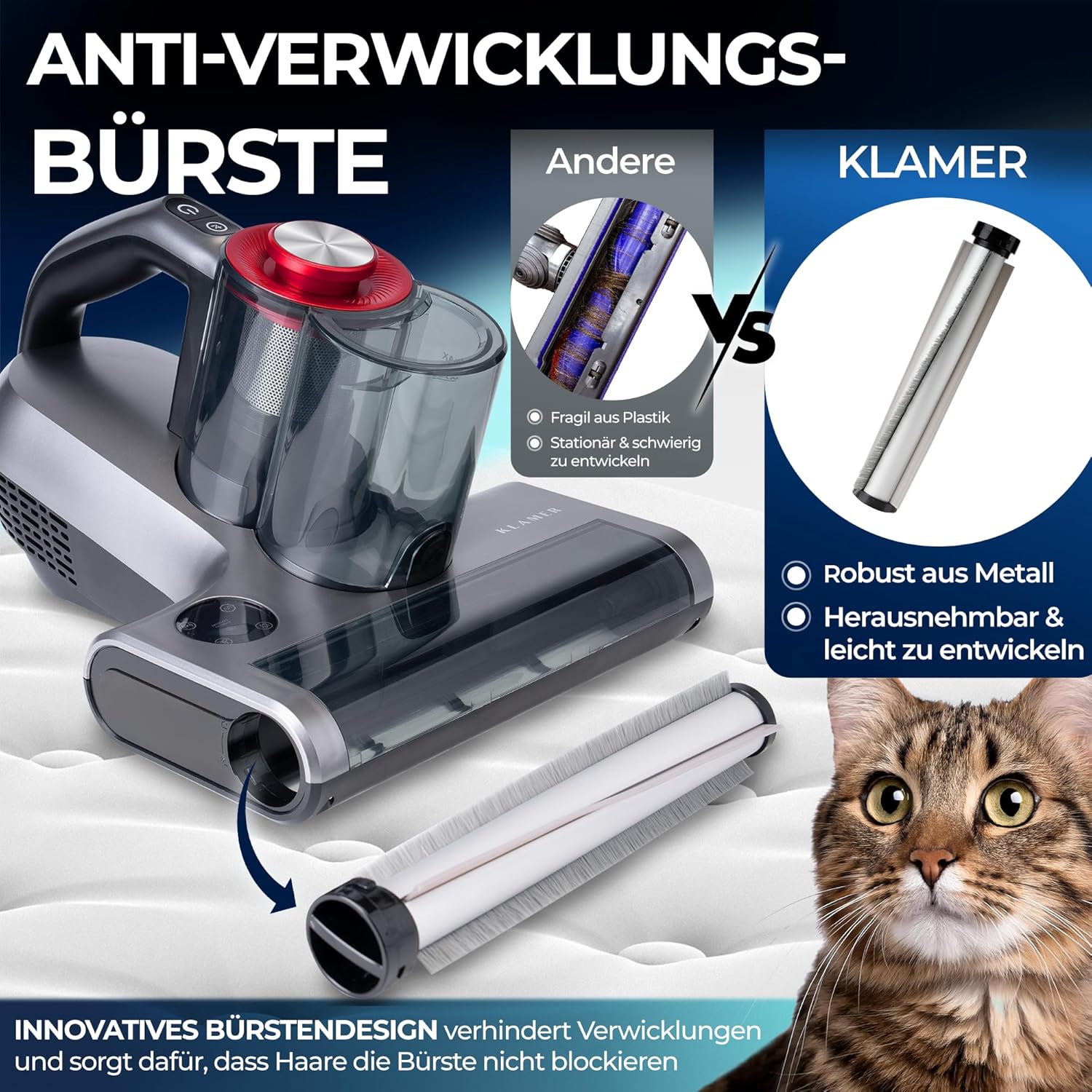 KLAMER Milbensauger 18kPa – Matratzensauger mit UV-Licht & 60°C Tiefenreinigung, Ultraschall & Schlagmodi, Anti-Verwicklungs-Bürste für Tierhaare, HEPA-Filter gegen Milben & Allergene