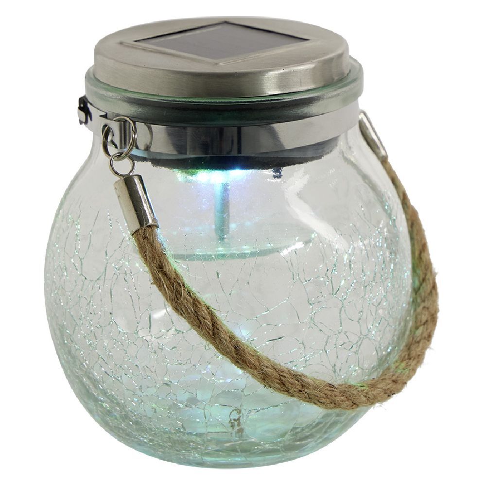 Lampe solaire boule verre craquelé anse corde à suspendre ou poser