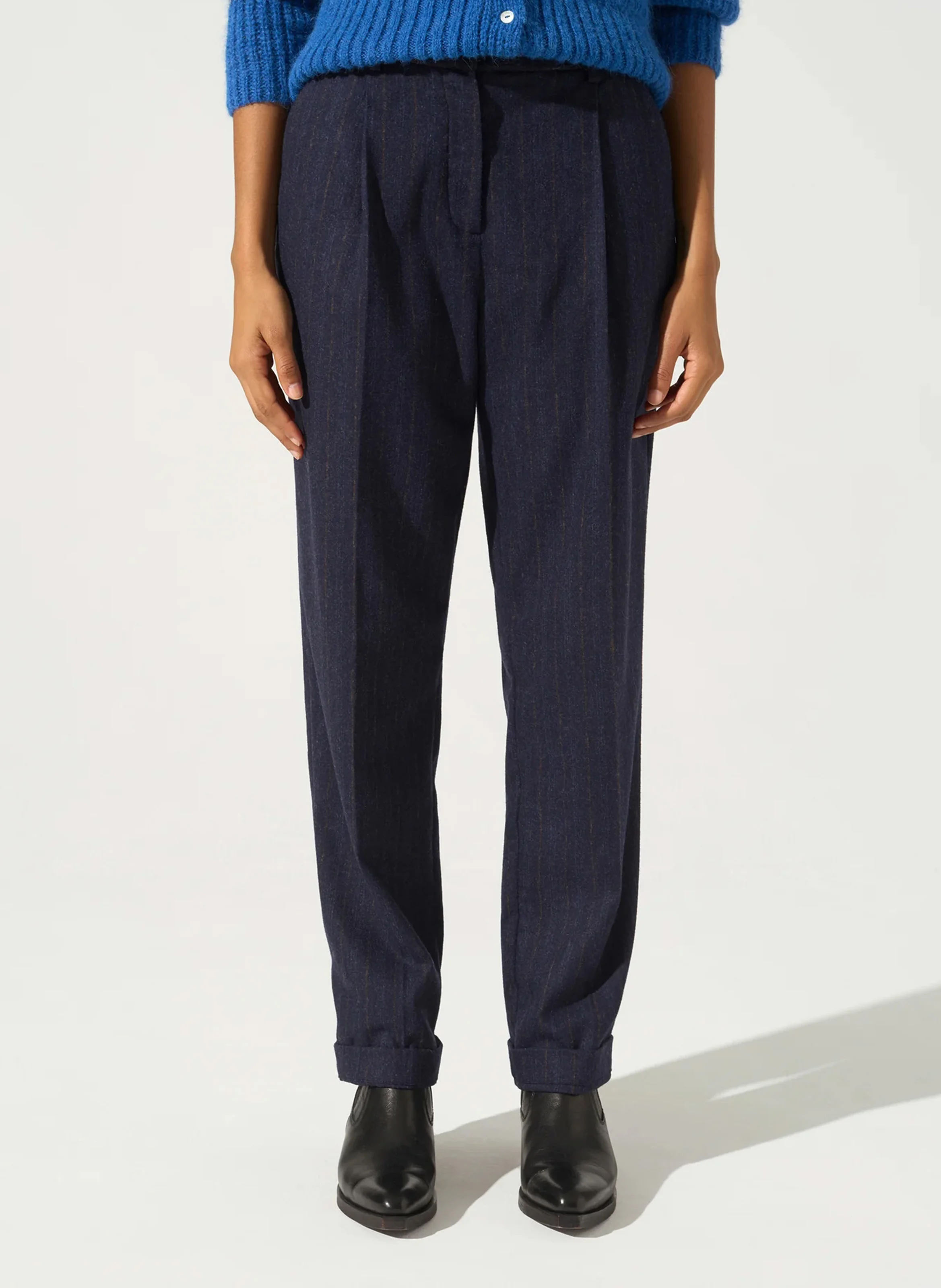 Pantalon droit rayé| Bleu