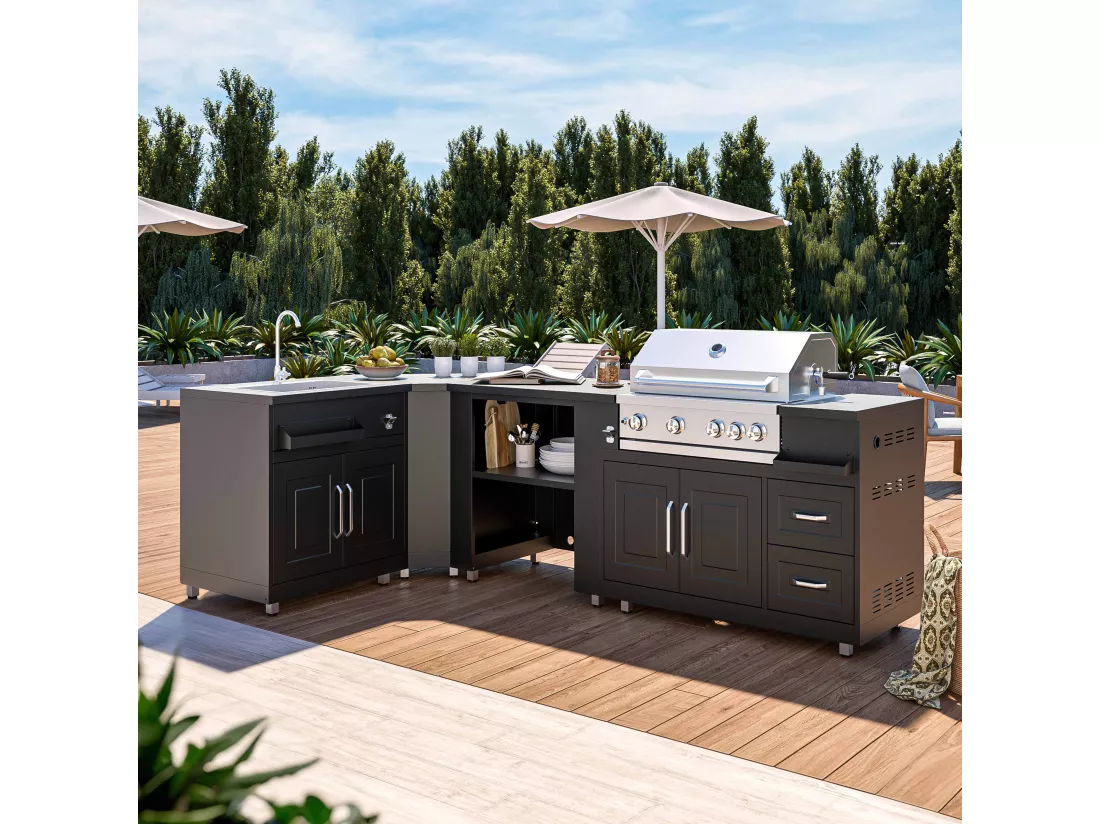 Cuisine d'extérieur angle 4 éléments avec évier et barbecue