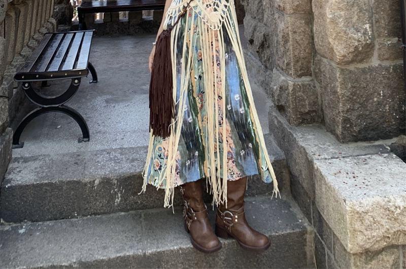 Trendycas - Spaghettibandjes V-hals bloemenprint midi A-lijn jurk / Scoop hals effen franje haak gebreide cami top
