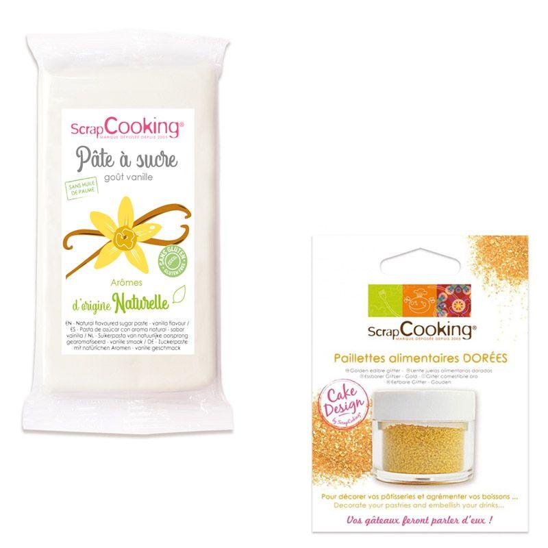 Pâte à sucre blanche 250 g arôme vanille + paillettes dorées Scrapcook