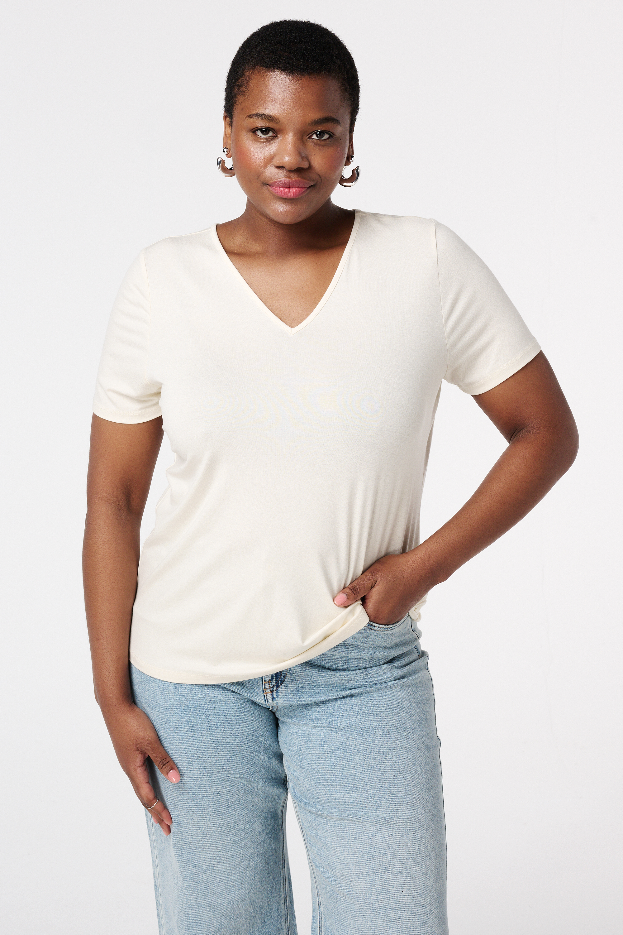 T-shirt met V-hals Cream