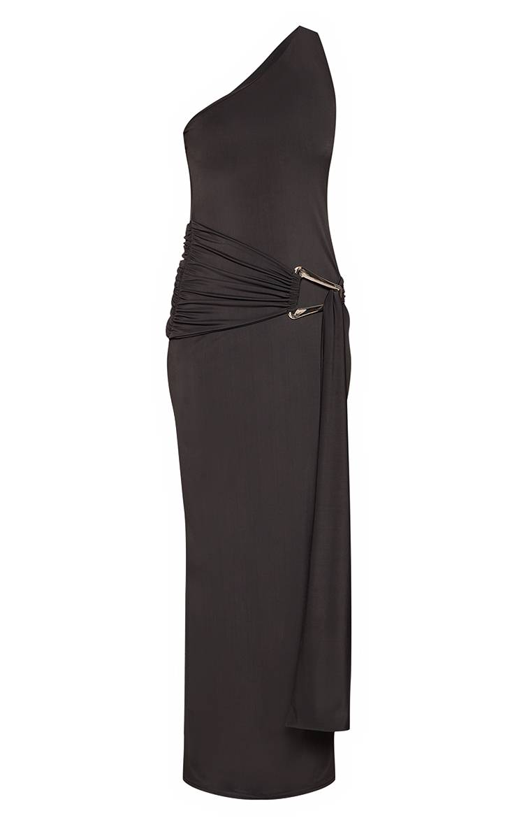 Noir Robe Maxi À Double Couche En Jersey Fluide Avec Détail Asymétrique Et Finitions