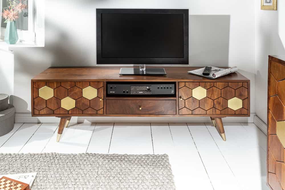Massives TV-Lowboard MYSTIC LIVING 140cm Akazie braun gold Retro Design