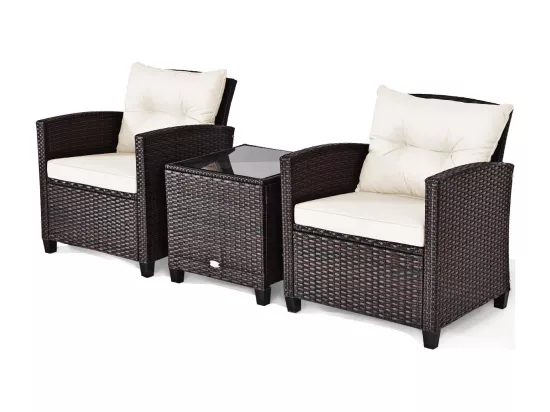 Salon de Jardin en Rotin et fibre naturelle - 3 Pièces - Charge 180KG - 2 Fauteuils et Table Basse avec Plateau en Verre Trempé – Beige