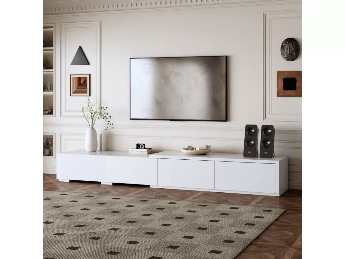 Meuble TV,support TV,Meuble bas,4 tiroirs,compartiments ouverts,220x31x40cm,Blanc