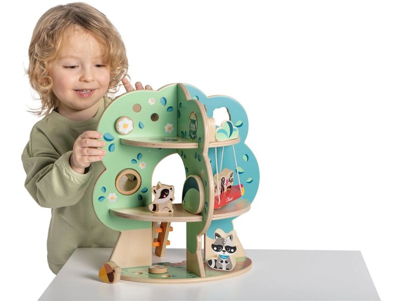 Chicco Steckspiel My Wood Friends Der Waschbär Baum Lernspielzeug aus Holz mit Tierfiguren und Formen