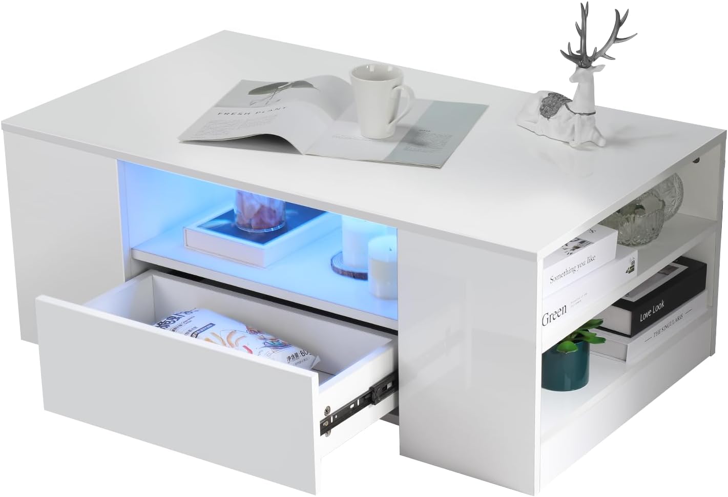 Couchtisch mit LED-Beleuchtung, Modern Sofatisch Wohnzimmertisch mit 2 Schublade, 100x55x37cm