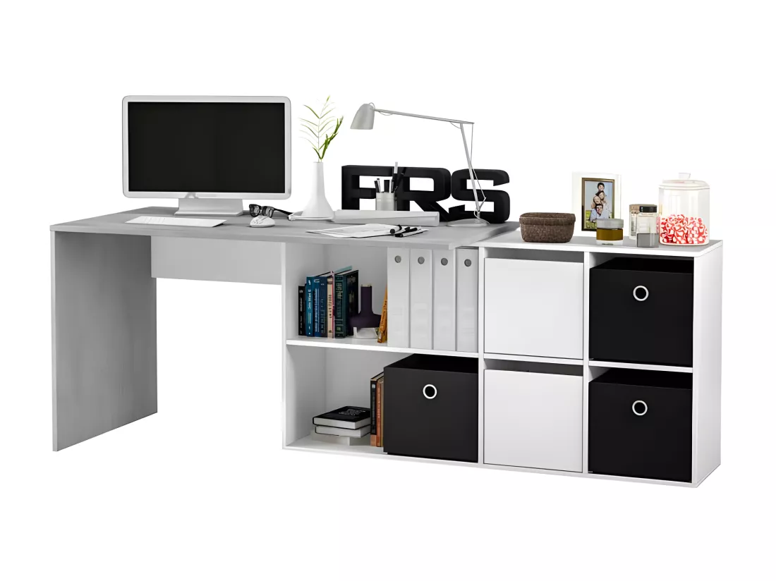 Bureau d'angles 2 portes + 4 niches Blanc/Béton - DAPATA PLUS - L 203 x l 66 x H 74 cm