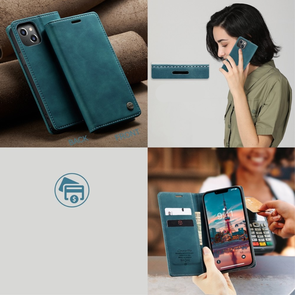 iPhone 14 Leder Tasche Flip Wallet Etui mit Kartenfächern - Blaugrün