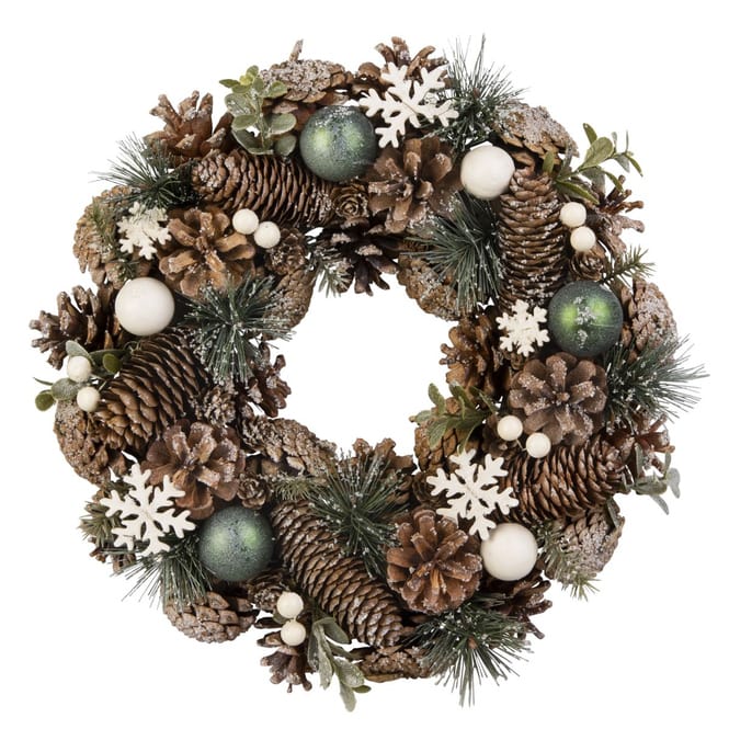 Weihnachtskranz - Schneeflocken und Kugeln - grün/weiß/braun - ca. 33 x 8 cm