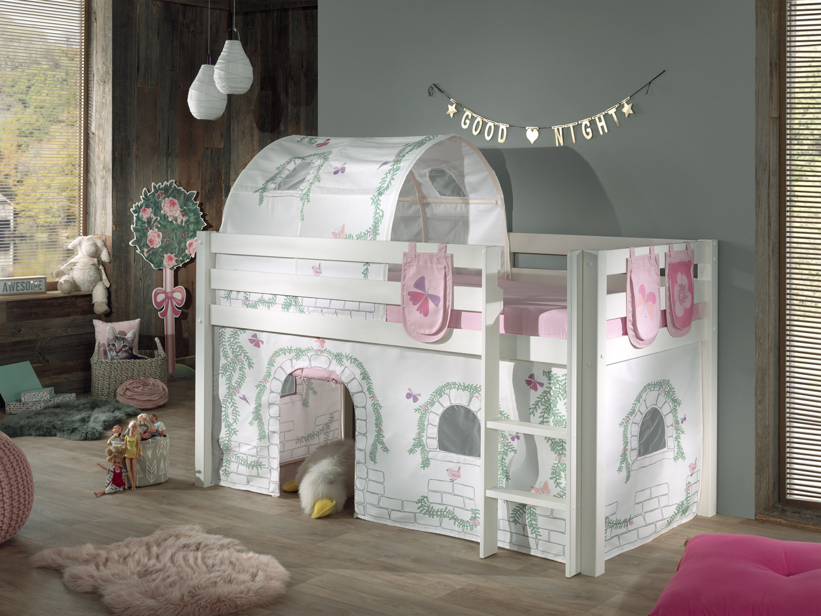 Spielbett PINO mit Vorhang BIRDY - weiß - Tunnel & 3 Taschen - 90x200 cm