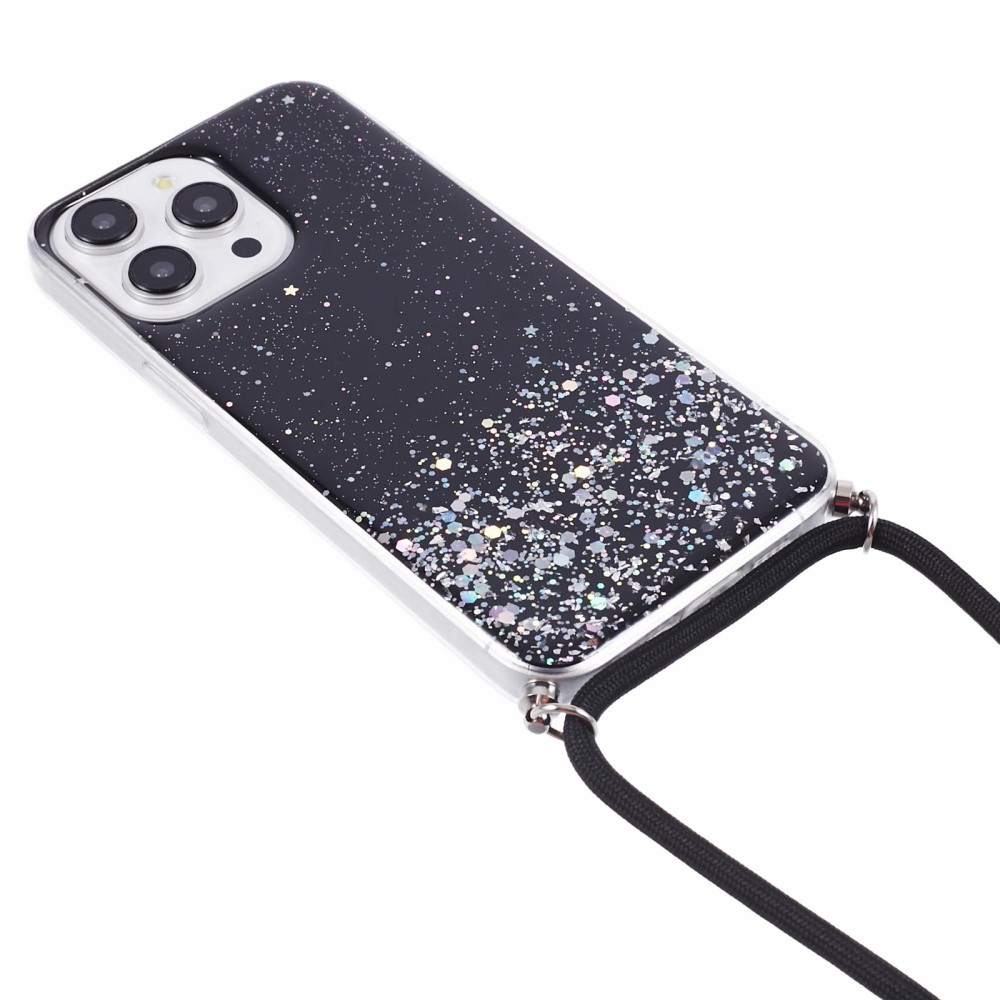 iPhone 13 Pro Necklace Gummi Hülle im Glitzer Design   Handykette (140cm) - Schwarz / Transparent