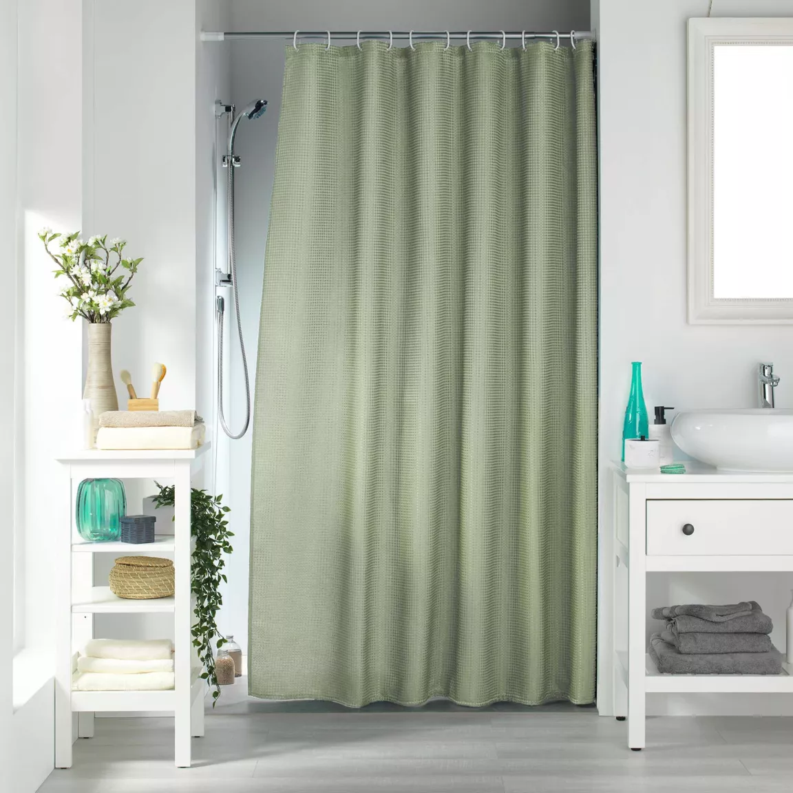 Rideau de douche effet tissé à anneaux (180 x 200 cm) Quartz Vert sauge