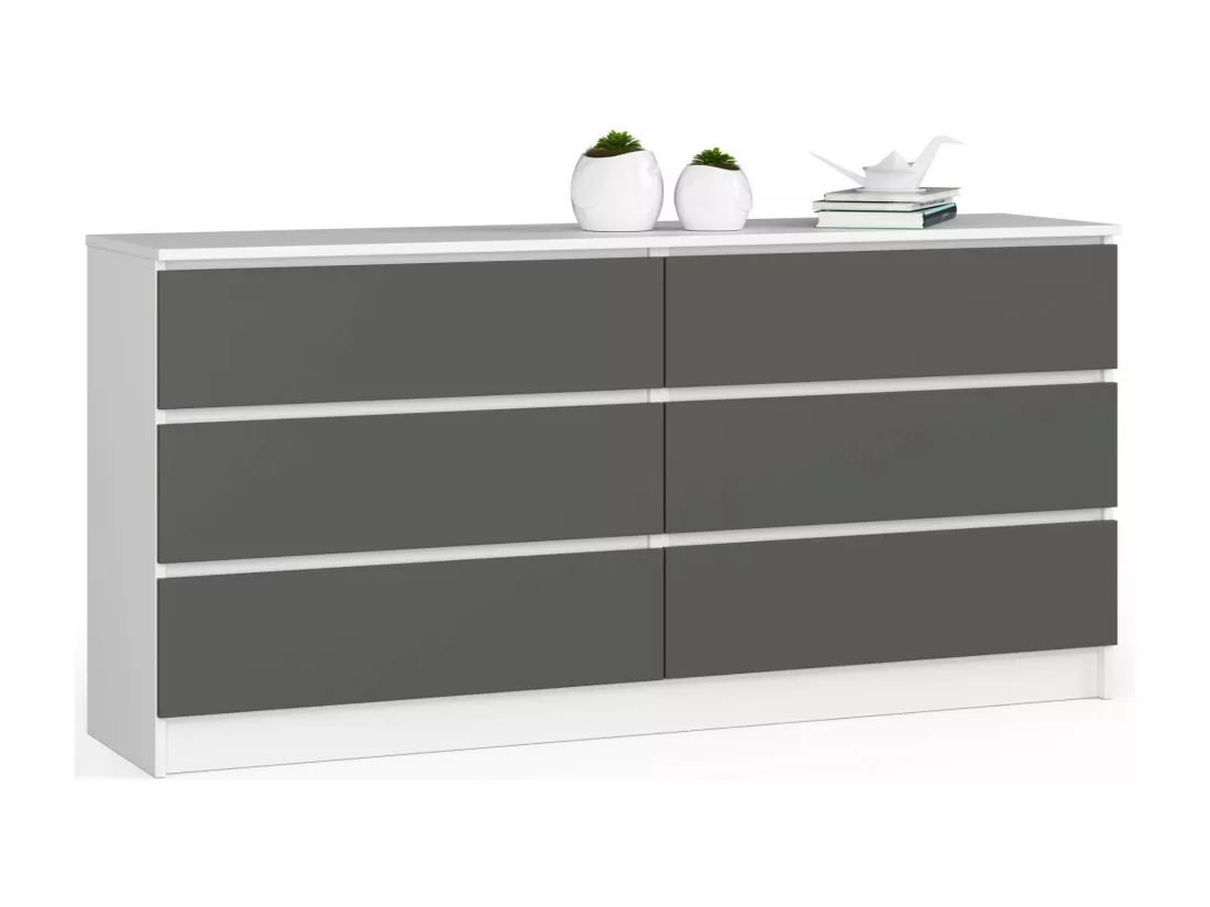 Grande Commode pour le salon AKORD K160 Blanche 160 cm 6 tiroirs façade Gris Graphite 160x40x77 cm