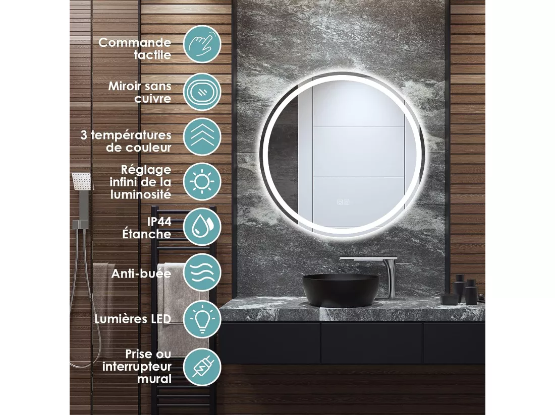 Miroir de Salle de Bain LED, Anti-Buée , ø 60 cm, Miroir Mural Lumineux avec 3 Eclairages Blanc Froid/Neutre/Chaud, Miroir LED Rond avec Interrupteur Tactile et Fonction