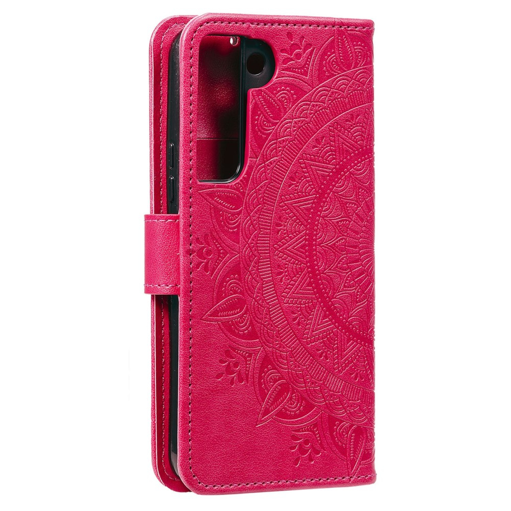 Samsung Galaxy S22 5G Leder Tasche Wallet - Mandala Flowers Imprint - Rot / Pink
