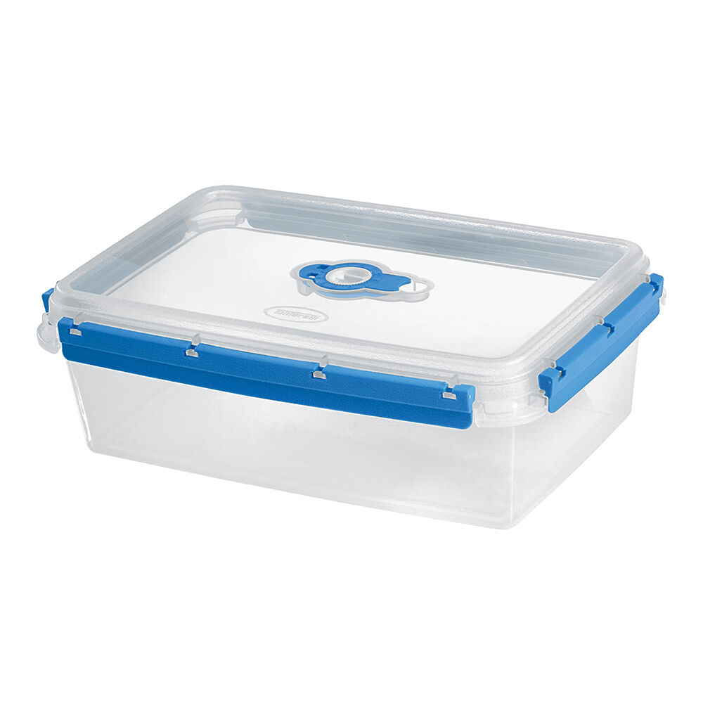 Boîte alimentaire rectangulaire transparente bleu et blanc 3L