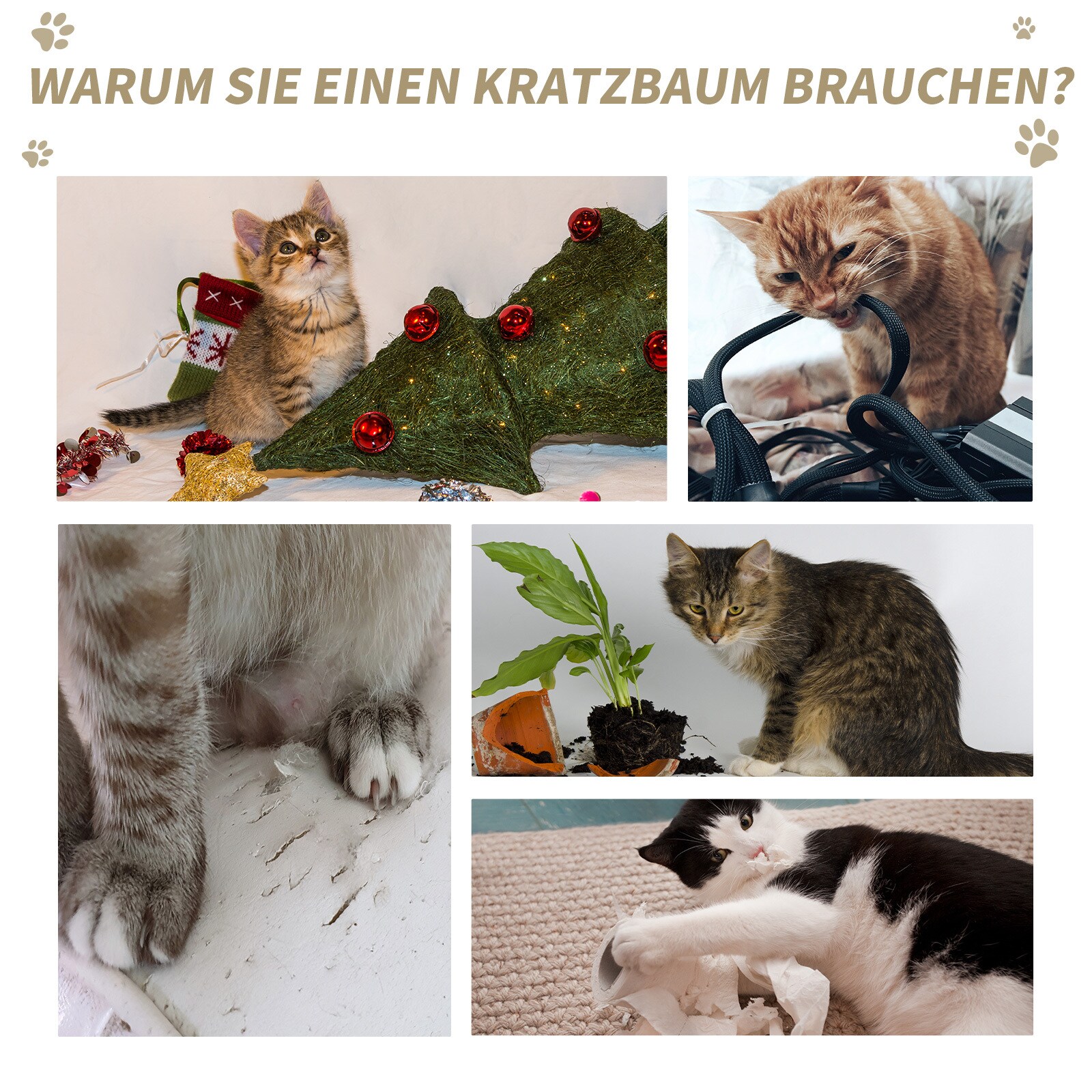 PawHut Katzenkratzturm 3 Stockwerke, Kratzbaum Khaki, Braun 37,5 x 37,5 x 70 cm (LxBxH)