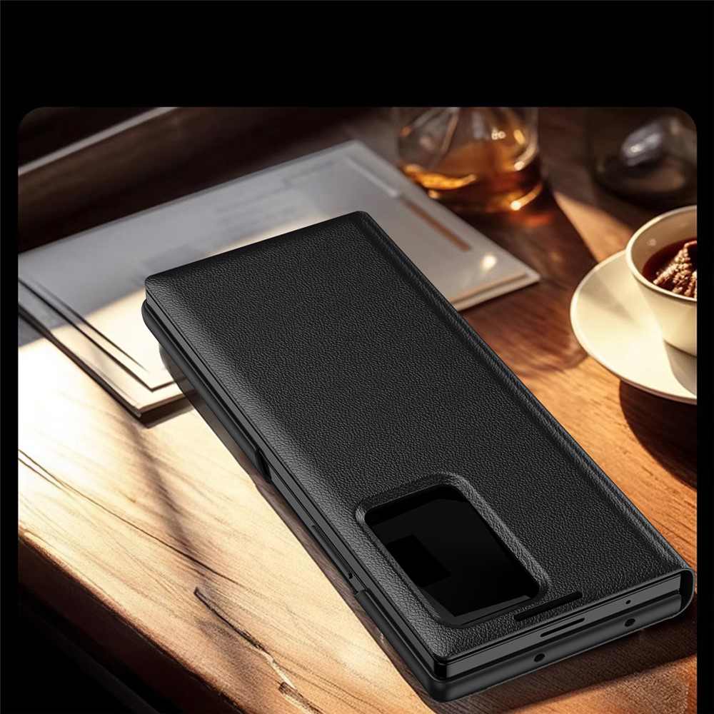 Samsung Galaxy Z Fold7 Leder Hülle Small Window View Flip Case Litchi Look - Dunkelblau