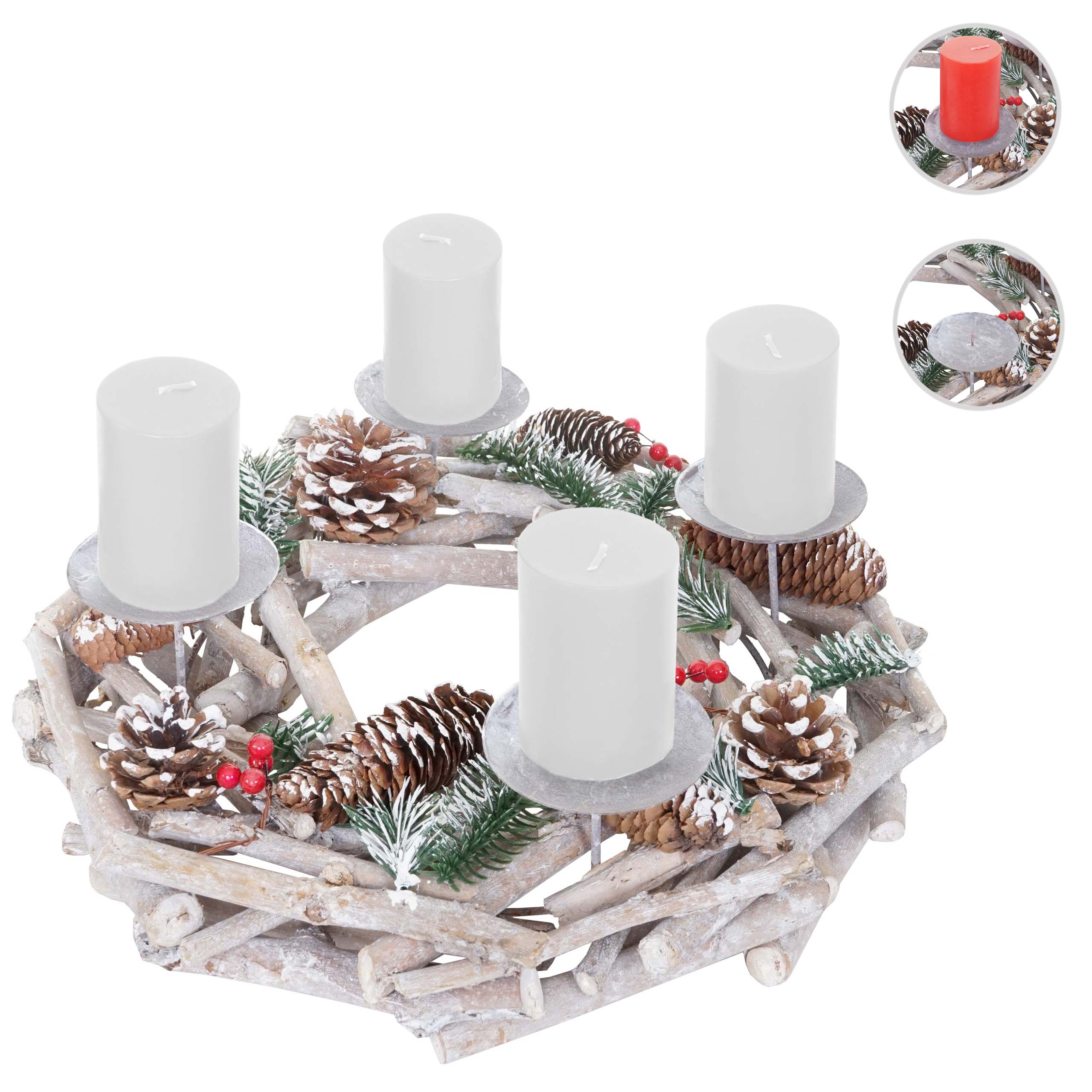 Tischkranz rund, Weihnachtsdeko Adventskranz, Holz Ø 35cm weiß-grau ~ mit Kerzen, weiß