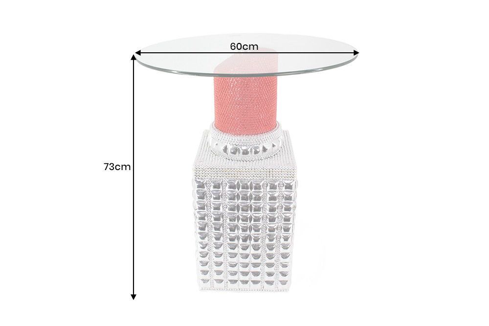 Handgefertigter Bistrotisch LIPSTICK 75cm rot silber runde Tischplatte Glas