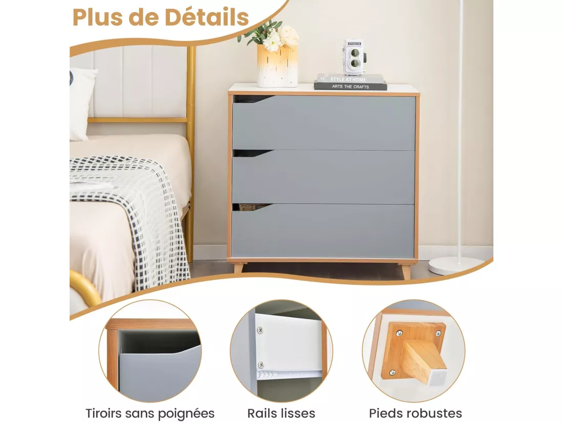 Commode Chambre 3 Tiroirs, Commode Chambre Adulte, Chiffonnier Commode Gris Bois, Design Scandinave, Poignée Intégrée, Dispositif Anti-basculement Inclus, 75 x 42 x 75 cm