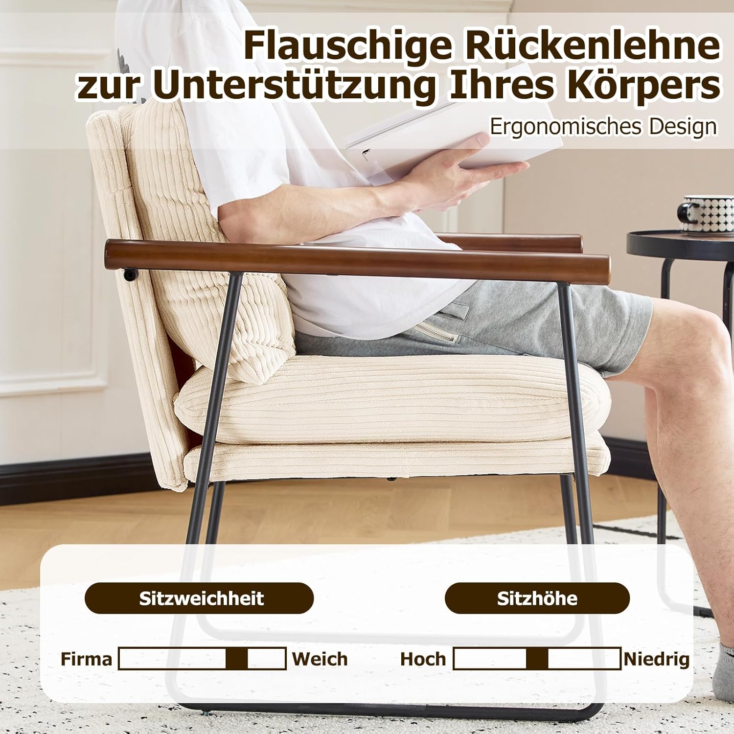 Extragroß Ohrensessel Sessel Wohnzimmer 65x62x83cm，Sessel•Loungesessel•Relaxsessel mit Metallrahmen und Polsterung, Polstersessel Bouclé für Wohnzimmer Schlafzimmer, Cord, Beige, 1 Stück