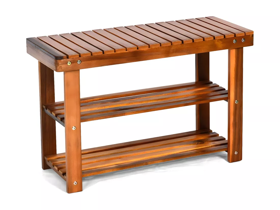 Banc à Chaussures en Bois d'Acacia, Étagère de Rangement à 3 Niveaux, Charge 180 kg, pour l’Entrée, Salon, Salle de Bain, Couloir, 28 x 70 x 45 cm, Roux